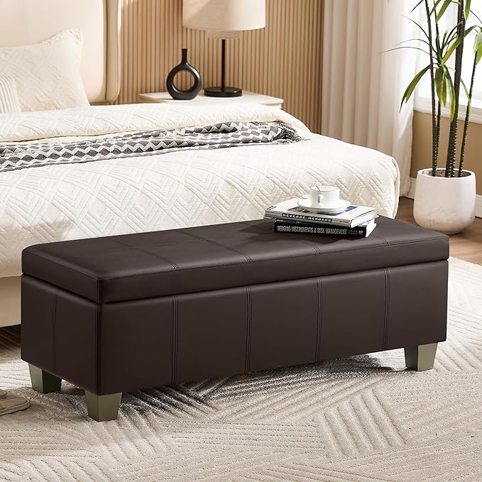 51" Faux Leather Storage Ottoman, Stitch Tufted Rectangle Upholstered End of Bed Storage Bench, Entryway Large Couch Ottoman with Wooden Legs,Brown
