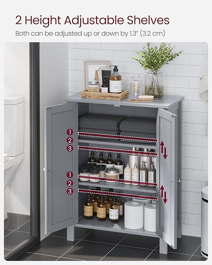 VASAGLE Floor Storage Cabinet, Freestanding Storage Unit with 2 Adjustable Shelves, for Bathroom Living Room Dining Kitchen, 11.8 x 23.6 x 31.5 Inches, Dove Gray UBCB060P36