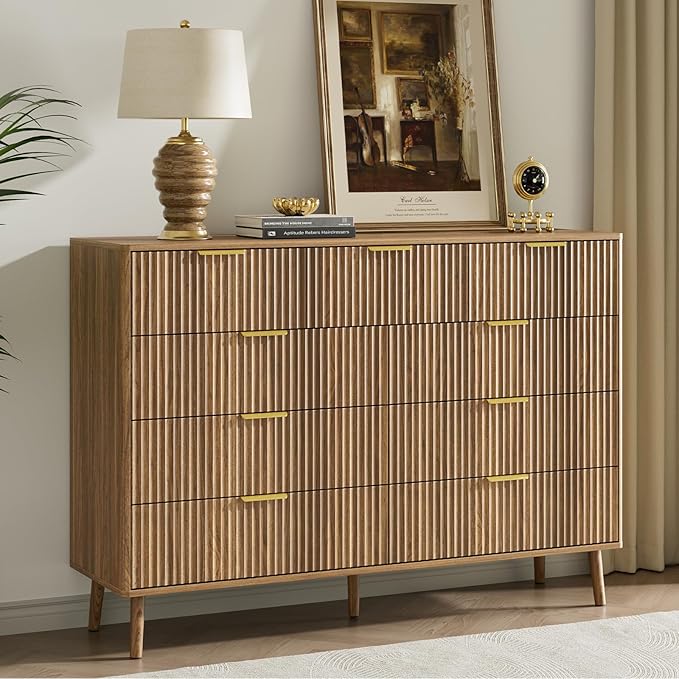 LYNSOM Fluted 9 Drawer Dresser for Bedroom, 55" Wide Modern Chest of Drawers with Curved Profile Design and Metal Handles, Wood Dresser TV Stand & Storage Organizer for Bedroom, Hallway, Walnut