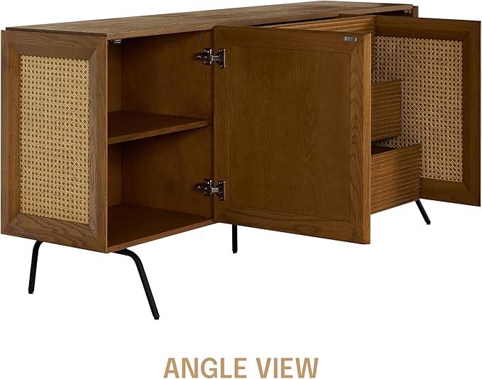 NTC MOSSIC Large Sideboard with 2 Doors and 3 Drawers, Buffet Cabinet with Natural Rattan and Metal Legs, Modern Storage Cabinet for Living Room, and Hallway, Effortless Assembly - Rustic Oak