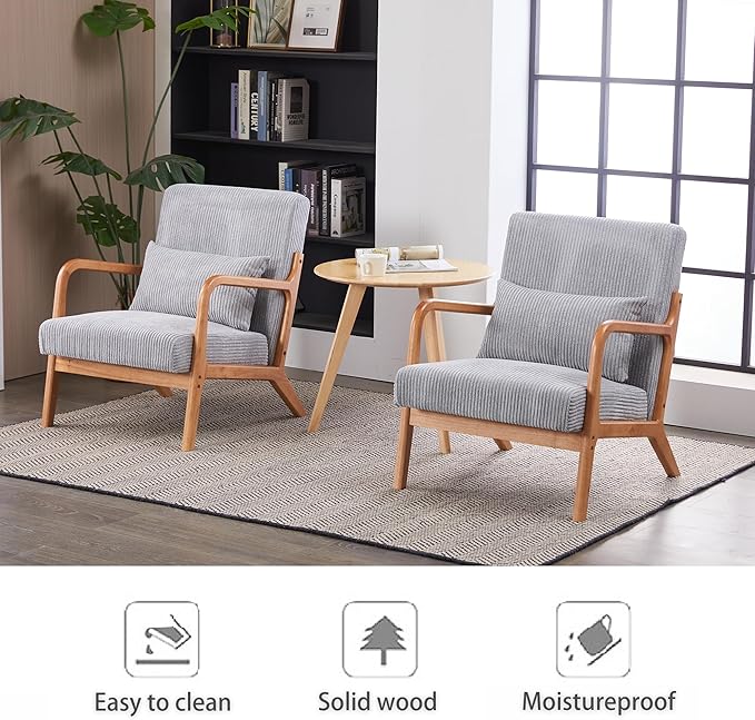 Accent Chairs, Set of 2 Mid-Century Modern Chair with Pillow, Armchair with Solid Wood, Reading Relaxing Leisure Chair for Living Room(Light Grey)