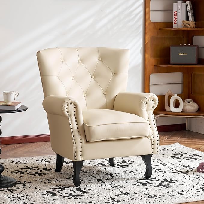 MOJAY PU Leather Accent Chair, Mid-Century Modern Armchair Living Room Club Chair with Tufted Button & Rivet Trim, Upholstered Sofa Chair with Sturdy Wood Legs for Bedroom (Ivory White)