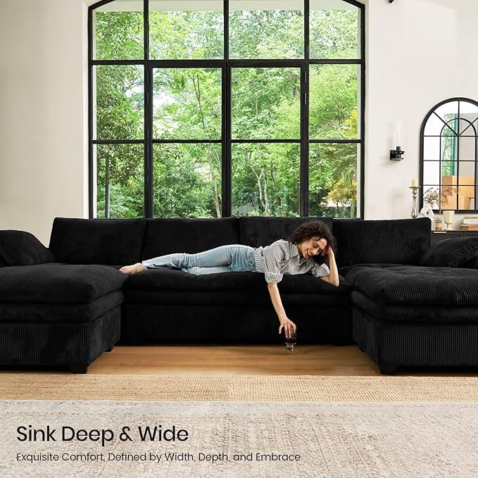 Belffin Large Modular Sectional Sofa with Double Deep Chaise, 104" Corduroy U Shaped Couch with 9" Soft Dual-Layer Seats Cushion Sectional Couches for Living Room, Apartment, Black