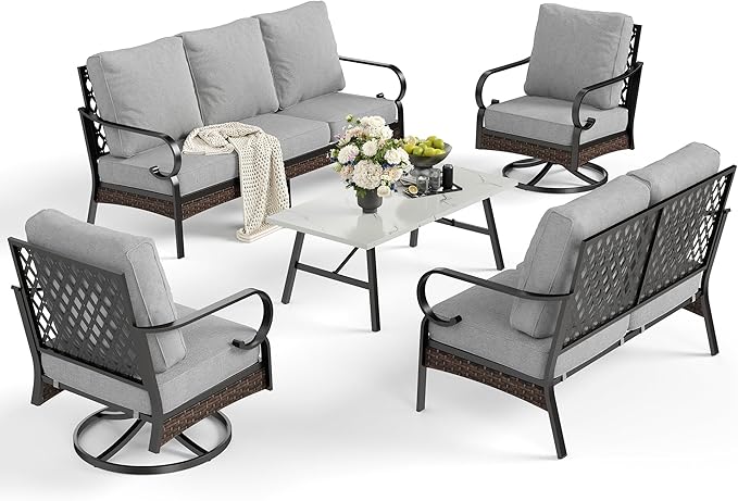 5 Piece Metal Outdoor Patio Furniture Set, Patio Conversation Sets 1 3-Seater Sofa, 2-Seater Sofa, 2 Swivel Sofa with 5.75" Cushion & Coffee Table Black Backyard Furniture, Light Gray