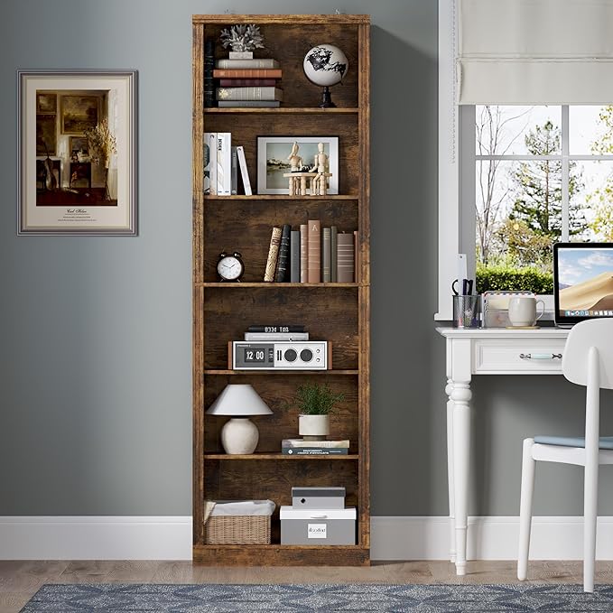 75" Tall Bookshelf, 6-Tier Floor Standing Bookcase with Adjustable Shelves, 24" Wide Open Storage Shelf, Modern Display Organizer for Home Office, Living Room, Bedroom, Study