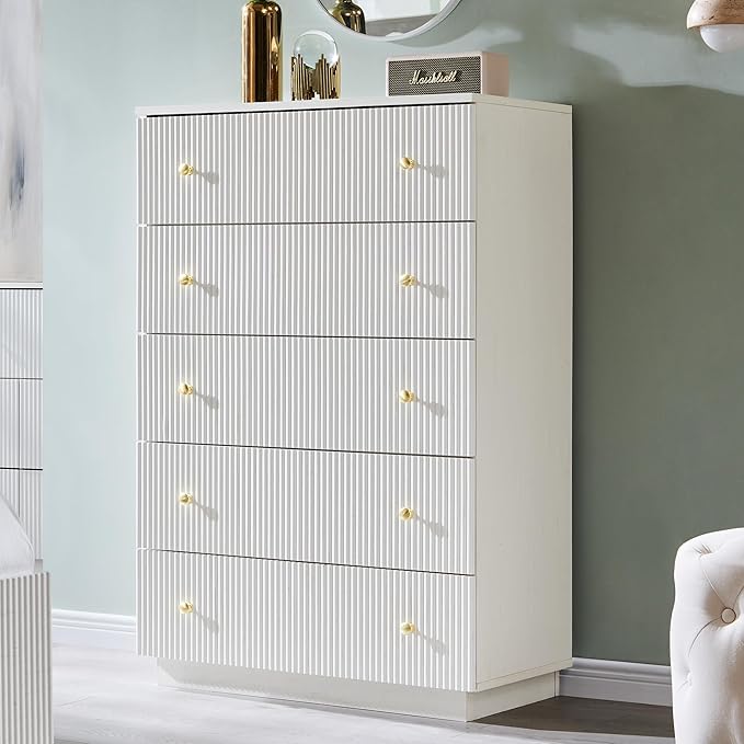 Fluted Dresser for Bedroom, White 5 Drawer Dressers, Wood Tall Dresser Storage Organizer, Chest of Drawers with Deep Storage, Modern Bedroom Chest for Closet Hallway, Entryway, Living Room
