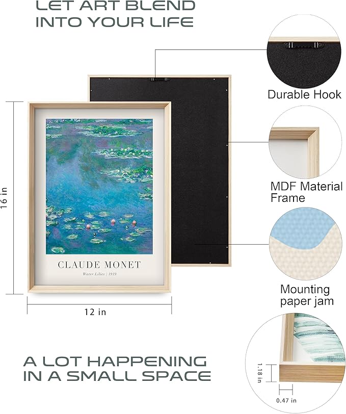 Framed Claude Monet Water Lilies Canvas Wall Art,Vintage Impressionist Botanical Painting,16x12IN High Framed Design Prints,Minimalist Classic Decor Aesthetic for Living Room,Bedroom,Bathroom Set of 3