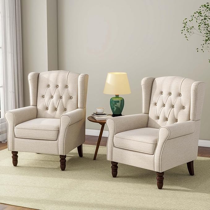 Accent Chair, Upholstered Armchair with Button Tufted High Back & Solid Wood Legs, Comfy Wingback Reading Single Sofa Chair for Small Spaces, Living Room, Bedroom
