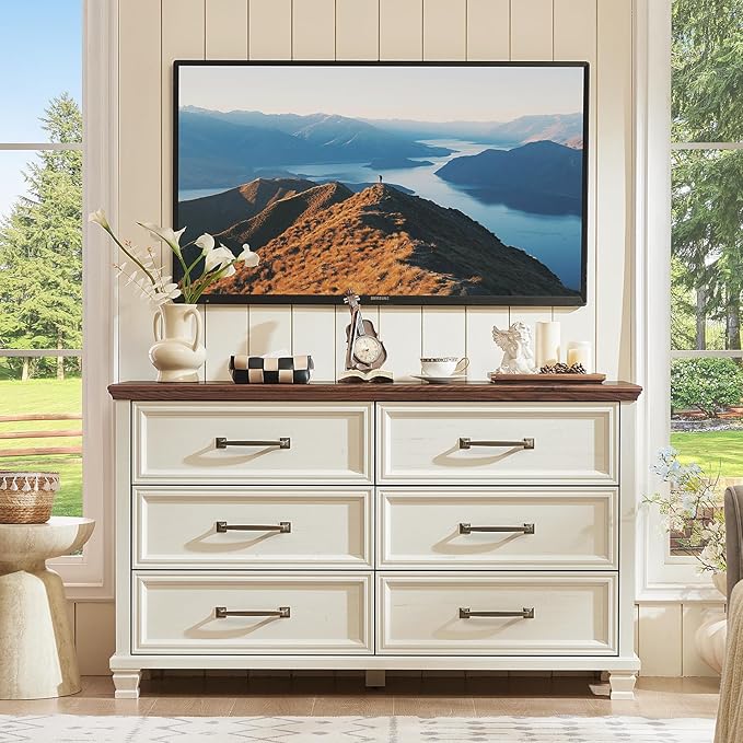 Farmhouse White 6 Drawer Dresser for Bedroom, 54 inch Wide Vintage Large Chest of Drawers with Square Wood Legs, Rustic TV Console for Living Room, Wooden Storage Closet Dressers for Home