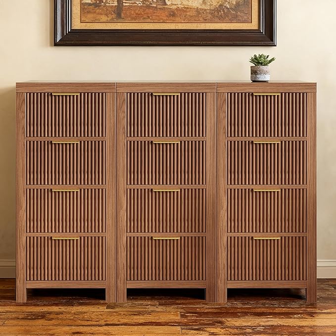 Modern 12-Drawer Solid Wood Dresser with Fluted Front & Gold Handles, Multifunctional Tall Storage Chest, for Hallway, Entryway, Walnut X3