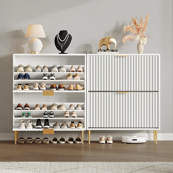 SICOTAS Fluted Shoe Cabinet Storage for Entryway with 6 Flip Drawers-11.8"Deep Freestanding Shoe Organizer Cabinet with 6-tier Shelves, Large 60 Pairs Shoes Rack Cabinet for Foyer Hallway, White, 3PCS