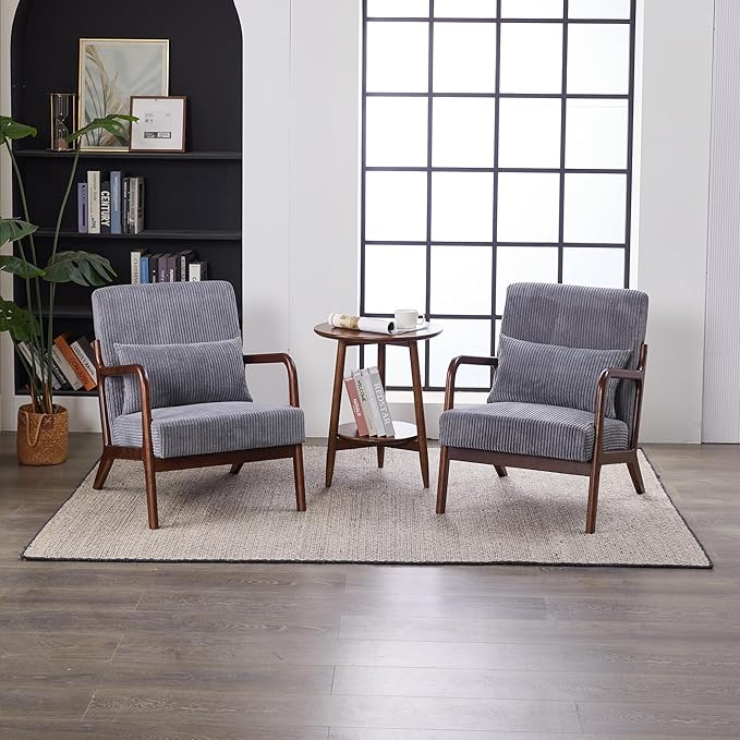 Accent Chairs, Set of 2 Mid-Century Modern Chair with Pillow, Armchair with Solid Wood, Reading Relaxing Leisure Chair for Living Room(Dark Grey)