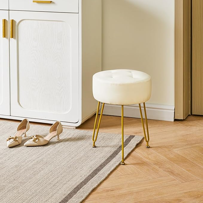IBUYKE Faux Leather Round Footrest Stool, Makeup Vanity Stool Side Table, PU Dressing Table Seat, Pouf Couch Stool, Golden Steel Legs, White LG-31W