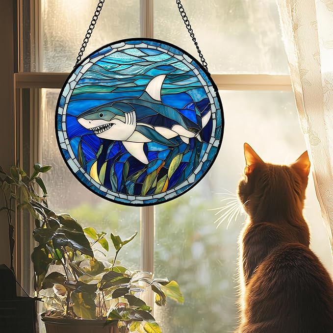 Stained Glass Suncatcher, Blue Ocean Big Shark Sun Catcher Waterweed Stain Glass Window Hanging Decoration Mother's Day Birthday Gifts for Women Men Mom Nana 11.8 in