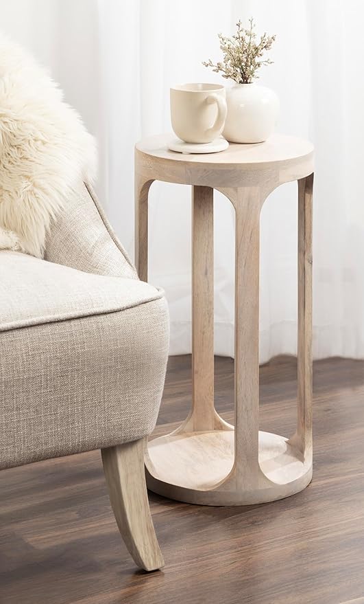 Kate and Laurel Dahl Wooden Round Drink Table; 12 x 23; Whitewash; Transitional Boho Circle Wood Accent Pedestal Table for Living Room Plant Stand or Small Bedroom Nightstand