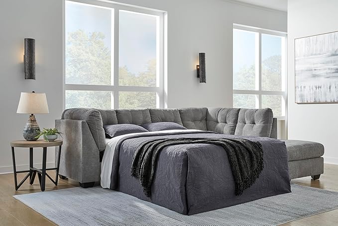 Signature Design by Ashley Marleton Contemporary Right-Arm Facing Tufted 2-Piece Sleeper Sectional with Chaise, Loose Seat Cushions and Bi-Fold Memory Foam Mattress, Full, Light Gray