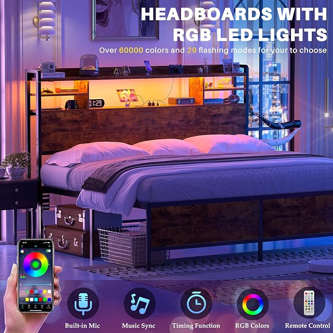 Aheaplus Headboard for Queen Size Bed with Storage, Headboards with LED Light, Power Outlets, USB Ports Queen Size Head Board, Wood headboard Only Sturdy and Stable Headboards, Modern, Rustic Brown