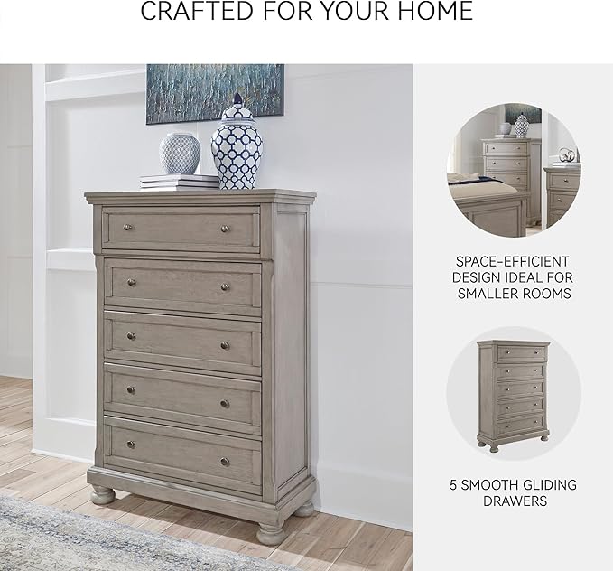 Signature Design by Ashley Lettner Traditional 5 Drawer Chest with Dovetail Construction, Light Gray