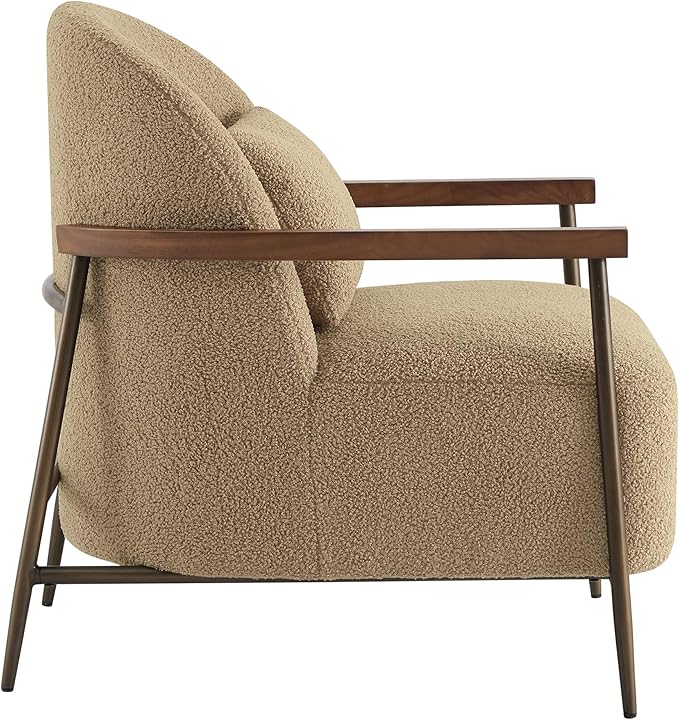 CHITA Accent Chair for Living Room, FSC Certified Modern Upholstered Faux Sherpa Fabric Armchair with Metal Frame and Wooden Armrests, Camel