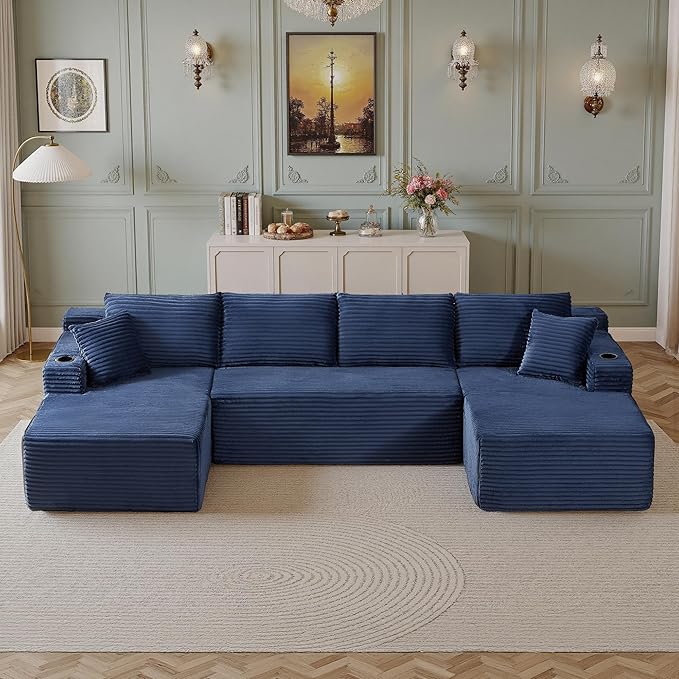 134''Oversized Modular Sectional Sofa Boneless Cloud Couch with Chaise Comfy Sectional Couches for Living Room,Bedroom,Apartment (Blue, 134''W U-Shaped)