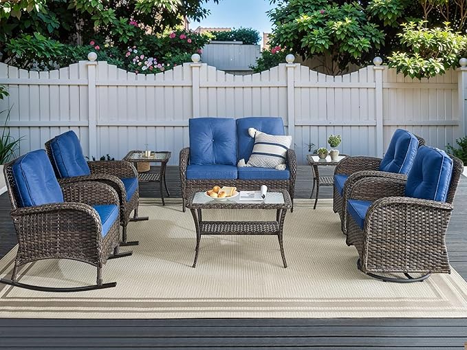 HUMMUH Patio Furniture 7-Piece PE Wicker Outdoor Conversation Set,All-Weather Swivel and Rocking Chairs,Glider Loveseat,Coffee Tables for Backyard,Poolside,Deck