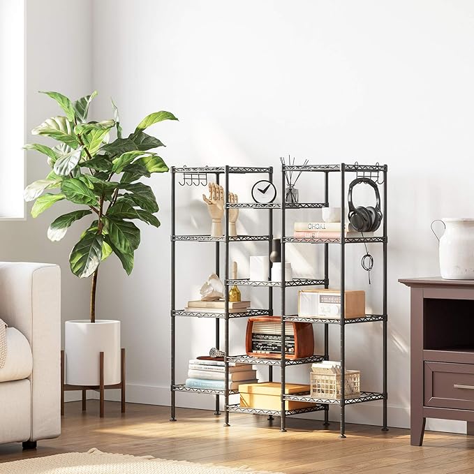 SONGMICS 4-Tier Bathroom Shelf, Storage Rack for Small Space, with 4 PP Shelf Liners, Removable Hook, Extendable Design, Ink Black and Translucent ULGR104B01