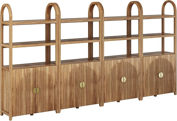 BELLEZE Book Shelf 72" Tall Arched Bookcase with Storage, 5 Tier Mid Century Modern Fluted Bookshelf with Doors, Modular Bookshelves for Living Room Office Library, Set of 4 (Caramel Brown)