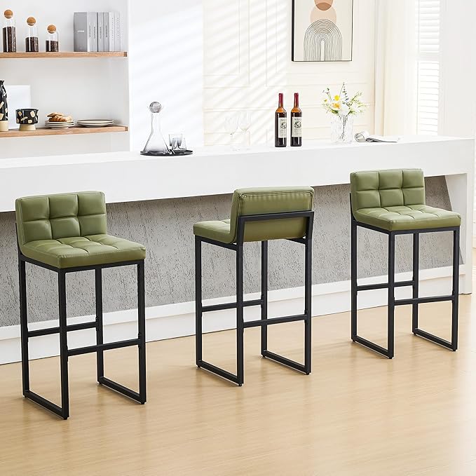 Bar Stools Set of 3, Modern Tall Counter Height Barstools with Back and Thickened Metal Legs, 30" Faux Leather Bar Chairs for Kitchen Island, Bar, Counter (Avocado Green, 3Pcs 30" Bar Stools)