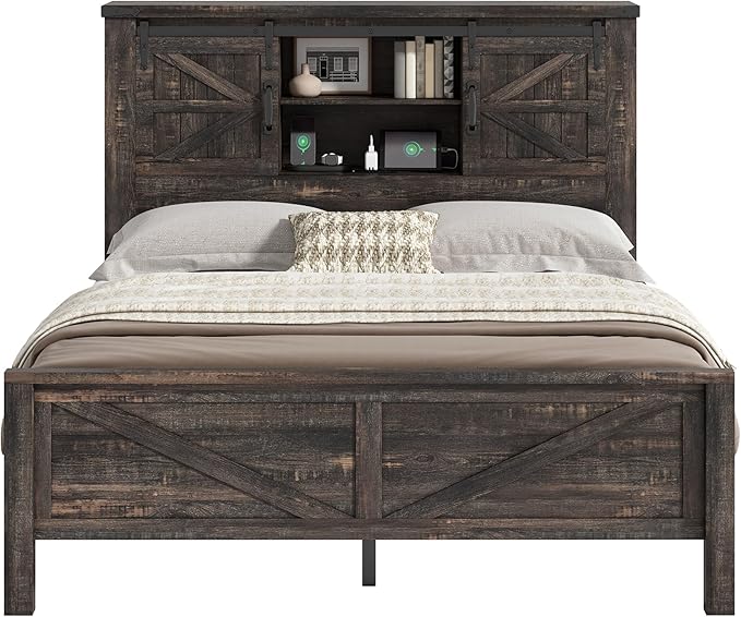 AMERLIFE Farmhouse Full Bed Frame with Storage Headboard & Charging Station, Rustic Wood Platform Bed with Barn Door Bookcase, No Box Spring Needed, Dark Oak Bedroom Furniture