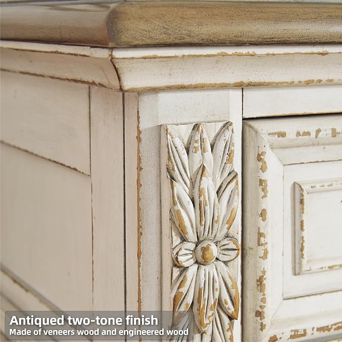 Signature Design by Ashley Realyn French Country 3 Drawer Nightstand with Electrical Outlets & USB Ports, 27.75" Tall, Chipped White