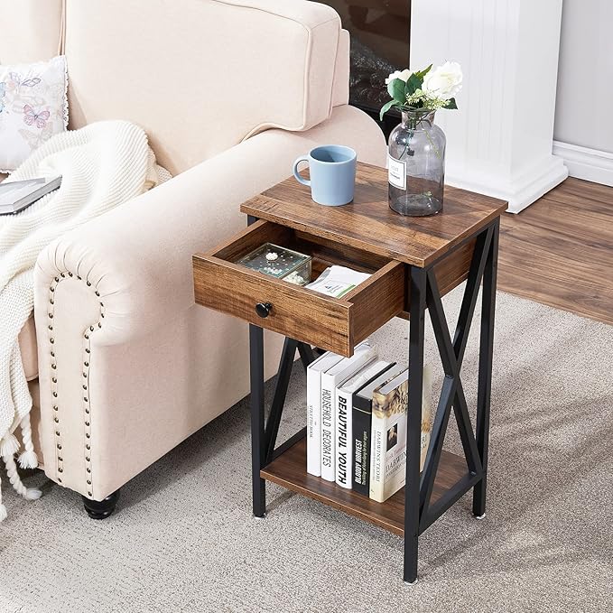 VECELO Tall Nightstand Set of 2,27.6 inch Wooden End Table with Metal X-Frame,Side Table with Drawer and Storage Shelf for Living Room Bedroom Entryway Small Spaces