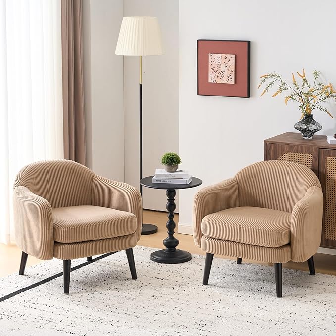 VINGLI 30.3" Wide Modern Barrel Accent Armchairs Set of 2 with Track Armrest, Solid Wooden Legs, Comfy Upholstered Club Chairs, Single Home Sofa for Living Room, Bedroom, Reading Room, Corduroy Khaki