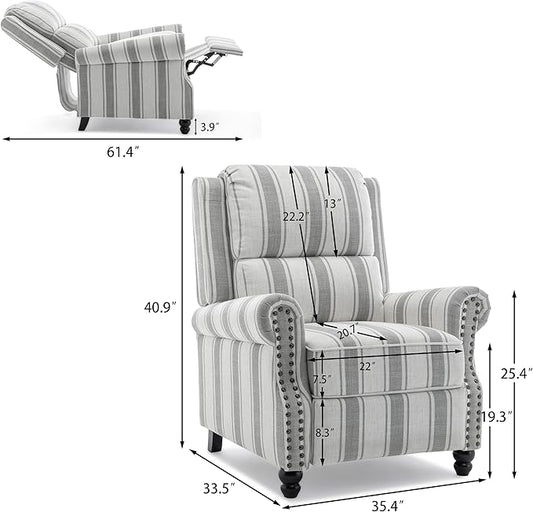 Pushback Recliner Chairs Set of 2, Comfy Fabric Wingback Recliner Chair, Upholstered Armchair Push Back Recliner with Wood Legs, Rivet Trim Accent Chair for Living Room, Bedroom, Gray Stripe
