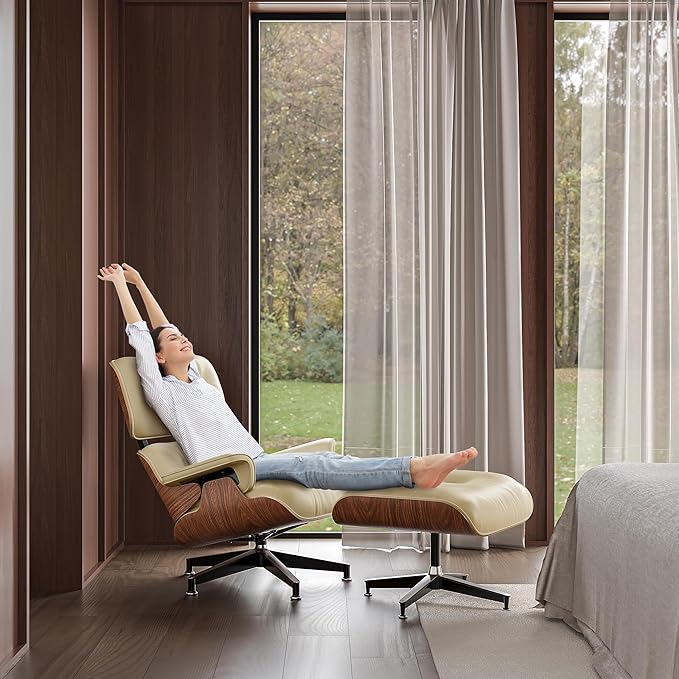 Top Cream White Grain Leather, Mid Century Chaise Lounge Chair and Ottoman, Modern Chair Classic Design, Walnut Wood, Heavy Duty Base Support for Living Room Office