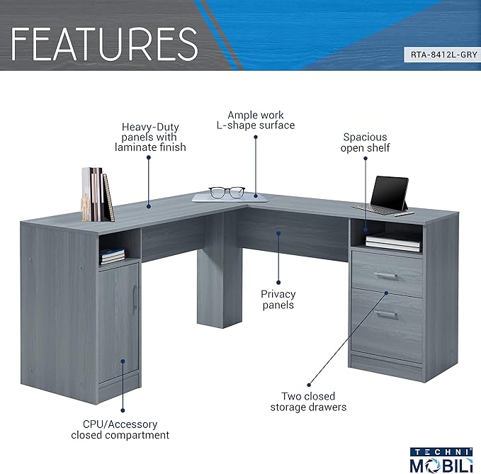 Techni Mobili Functional L-Shaped Computer Desk with storage, L is 59.5" wide x 59.5" Long, Grey