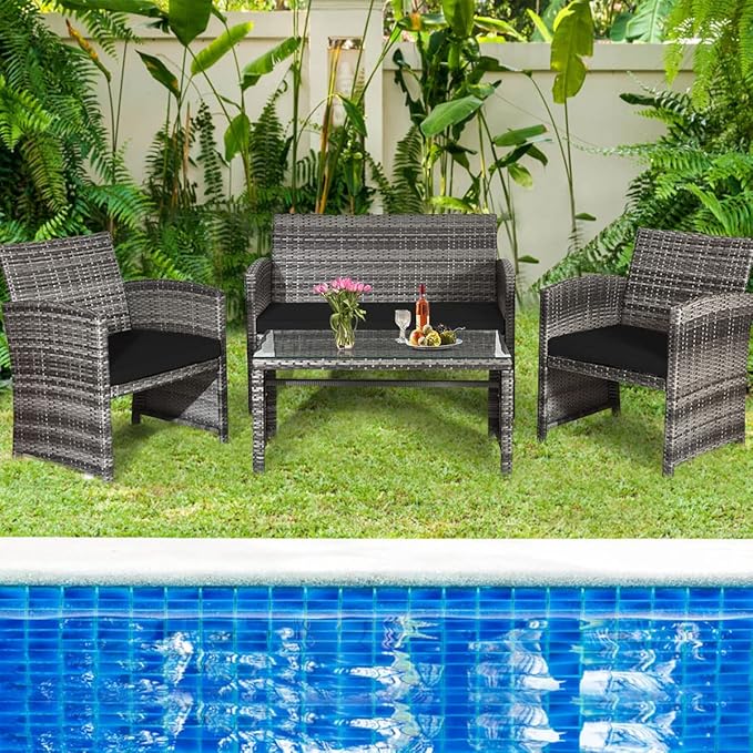 COSTWAY Patio Furniture Set 4 Pieces, Outdoor Wicker Chairs Sofa w/Coffee Table and Soft Cushions, Rattan Conversation Sets for Patio Lawn Backyard Yard Pool Garden, Black