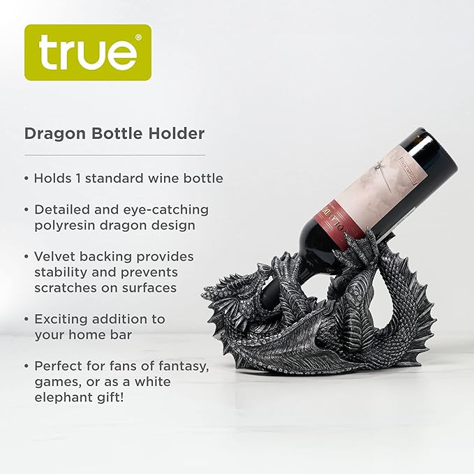 True 10143 Polyresin Dragon Wine Bottle Holder Decorative, Single Wine Bottle Holder, Wine Holder Stand, Wine Bar, Wine Decor, Set of 1, Black