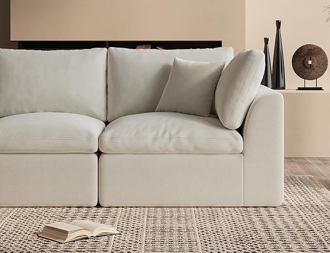 110" Cloud Sectional Couches for Living Room, Boneless U Shaped Couch with Ottoman, 3 Seater Modular Sectional Sofa, Warm White