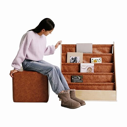 Factory Direct Partners Rustic Kid Birch Sling Book Display; Distressed Faux Leather 4-Shelf Storage for Books or Magazines; Furniture for Bedroom, Playroom, Daycare, Classroom - Hazelnut, 13745-322
