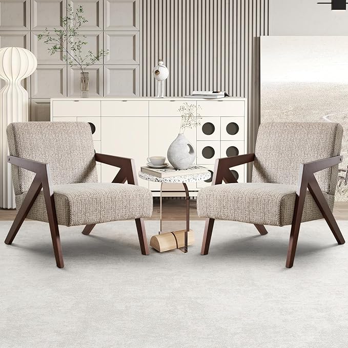 INZOY Accent Chairs Set of 2, Mid Century Modern Accent Chair with Wood Frame, Upholstered Reading Armchair with Soft Linen Fabric, Accent Chair for Living Room Bedroom Apartment, Easy Assembly, Brown