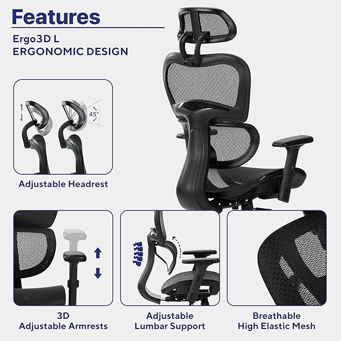 Nouhaus Ergo3dL Home Office Desk Chairs Ergonomic Office Chair High-Back Mesh Rolling Work Chairs with Wheels and Adjustable Headrests Comfortable Lumbar Support Adjustable Armrests