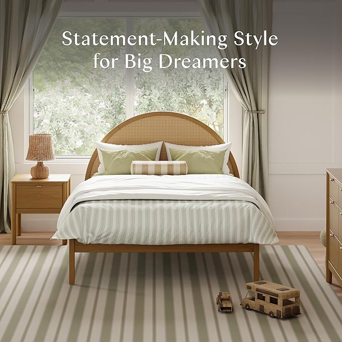 Babyletto Bondi Cane Full Size Bed Frame with Headboard & Footboard - GREENGUARD Gold Certified - Cane Paneling Platform Bedframe for Kids & Tweens - Solid Wood Full Bed No Box Spring Needed - Honey
