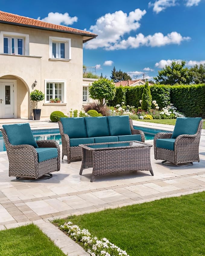 Luxury 22x24/22x25 6-Inch Outdoor Cushions for 5 Peice Patio Furniture Set - Set of 5 Water-Resistant Pillow for Dining Rocking Swivel Chairs Loveseat Couch Sectional Sofa - Peacock Blue