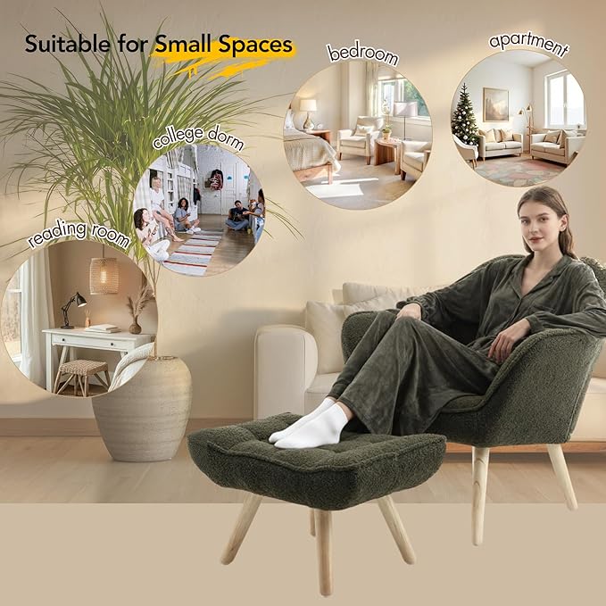 Small Accent Chair with Ottoman, Sherpa Upholstered Lounge Chair with Footrest, Comfy Reading Armchair with Wood Legs for Living Room Bedroom, Green