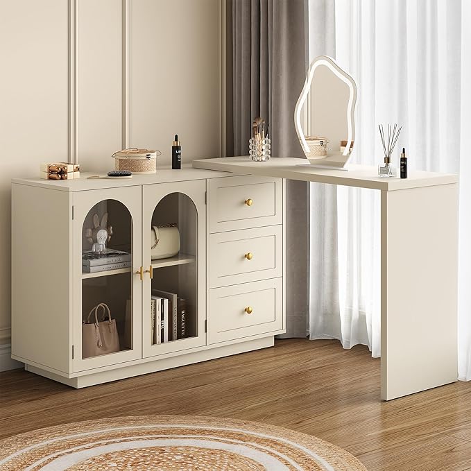 RoyalCraft L Shaped Home Office Desk, Large Extendable and Rotatable Desk with 3 Drawers and 2 Doors, Corner Computer Desk, Modern Study Writing Table for Bedroom, Home Office, Beige