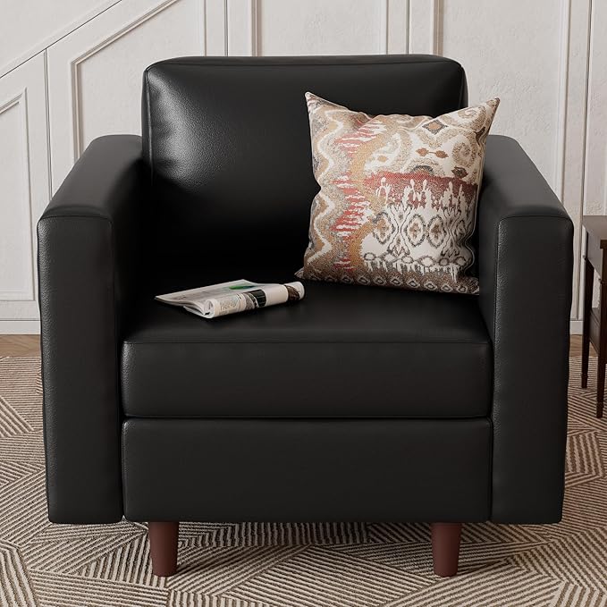 ABCASA Faux Leather Oversized Accent Chair with Storage Deep Seat Single Sofa Large Reading Armchair for Living Room Bedroom Office Black Set of 2