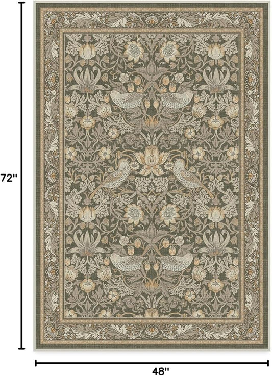 RUGGABLE x Morris & Co Washable Area Rug–Strawberry Thief Stone Gold 4x6, Stain-Resistant, Non-Slip–Medium Machine Washable Rugs for Living Room, Bedroom, Hallway, Entryway & Office–with Standard Pad
