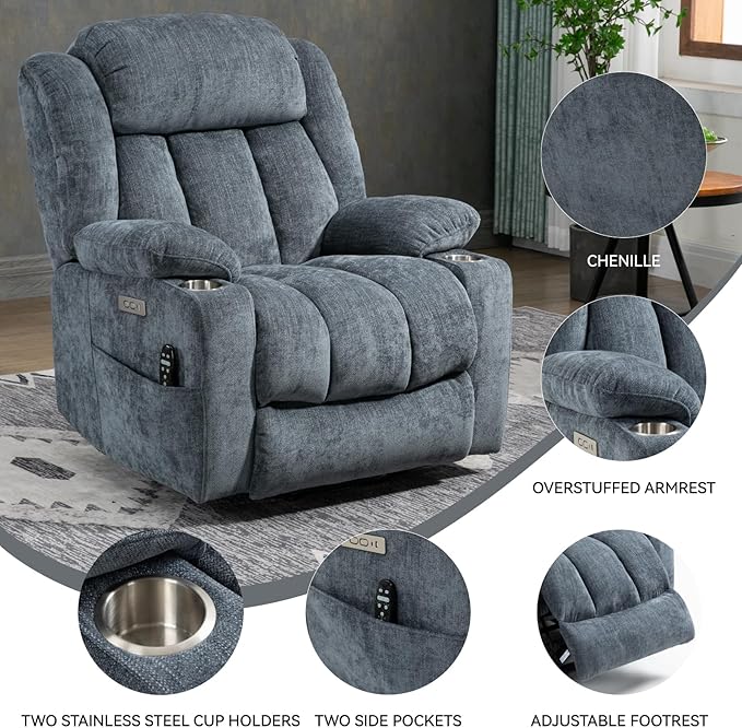 Power Lift Chair for Elderly, Electric Recliner Chair with 8-Point Vibration Massage and Lumbar Heating, Charging Ports, Cup Holders - Blue