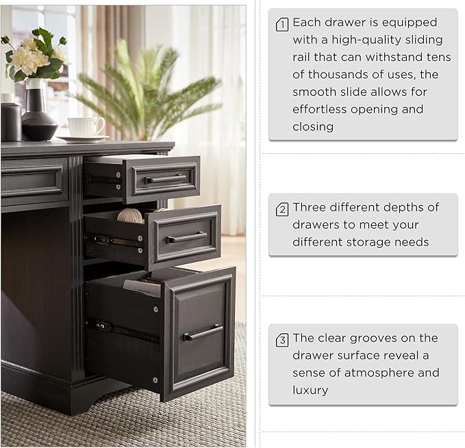 JXQTLINGMU 58 Inch Large Computer Desk with Drawers, Embossed Texture Home Office Desk, Workspace for Work Study Writing, Black