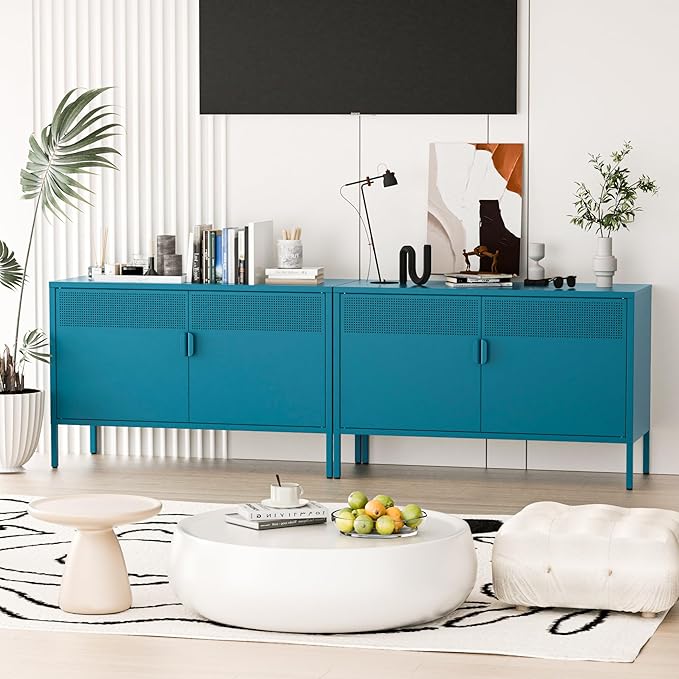 2 Door Storage Sideboard, Metal Storage Cabinet with 2 Adjustable Shelf,Multipurpose Metal Accent Cabinet for Office Home,Music Studio (Peacock Blue, 25''H)